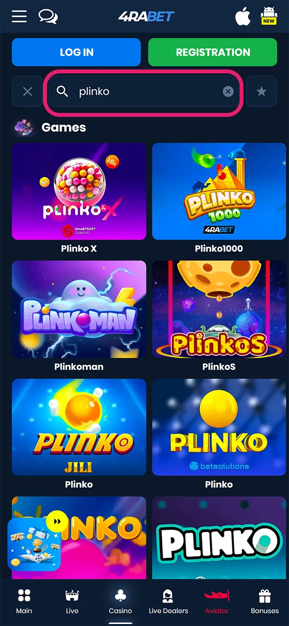 Use the search bar to find Plinko games.