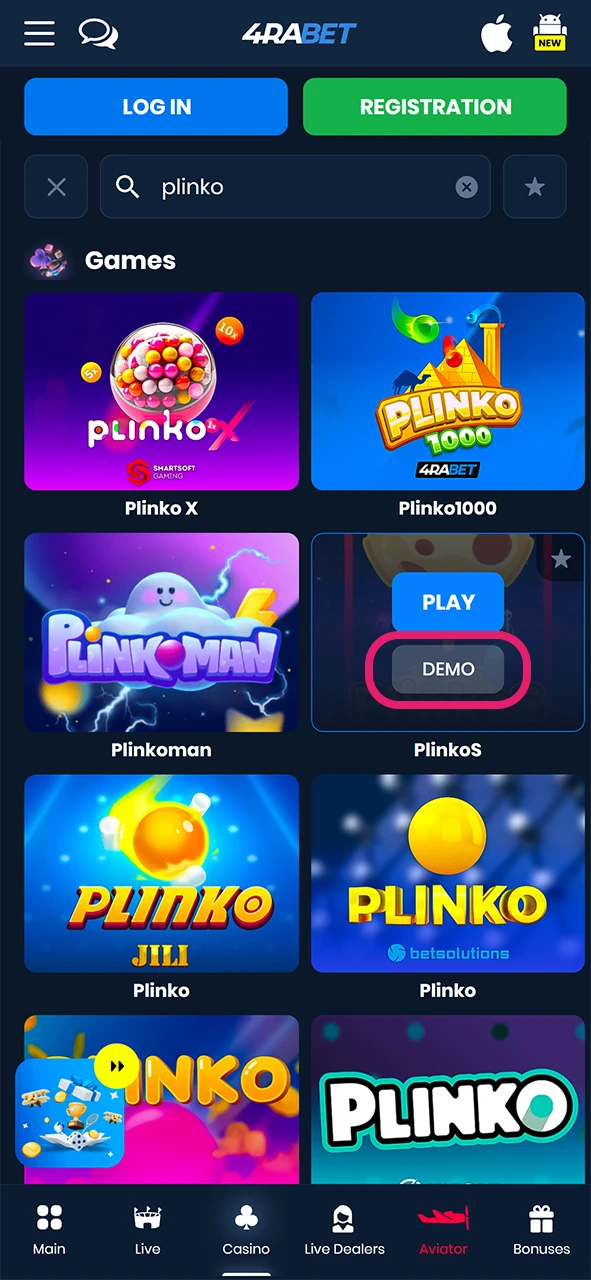 In the Plinko game you can choose the demo mode.