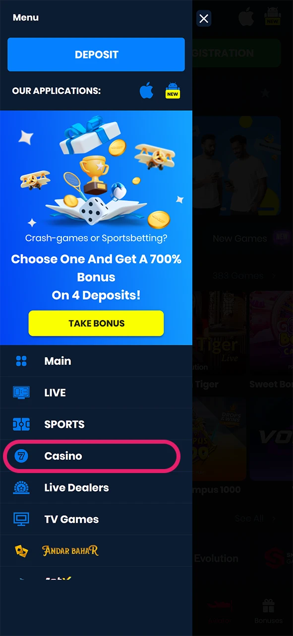 Open the Casino tab to find Plinco games.