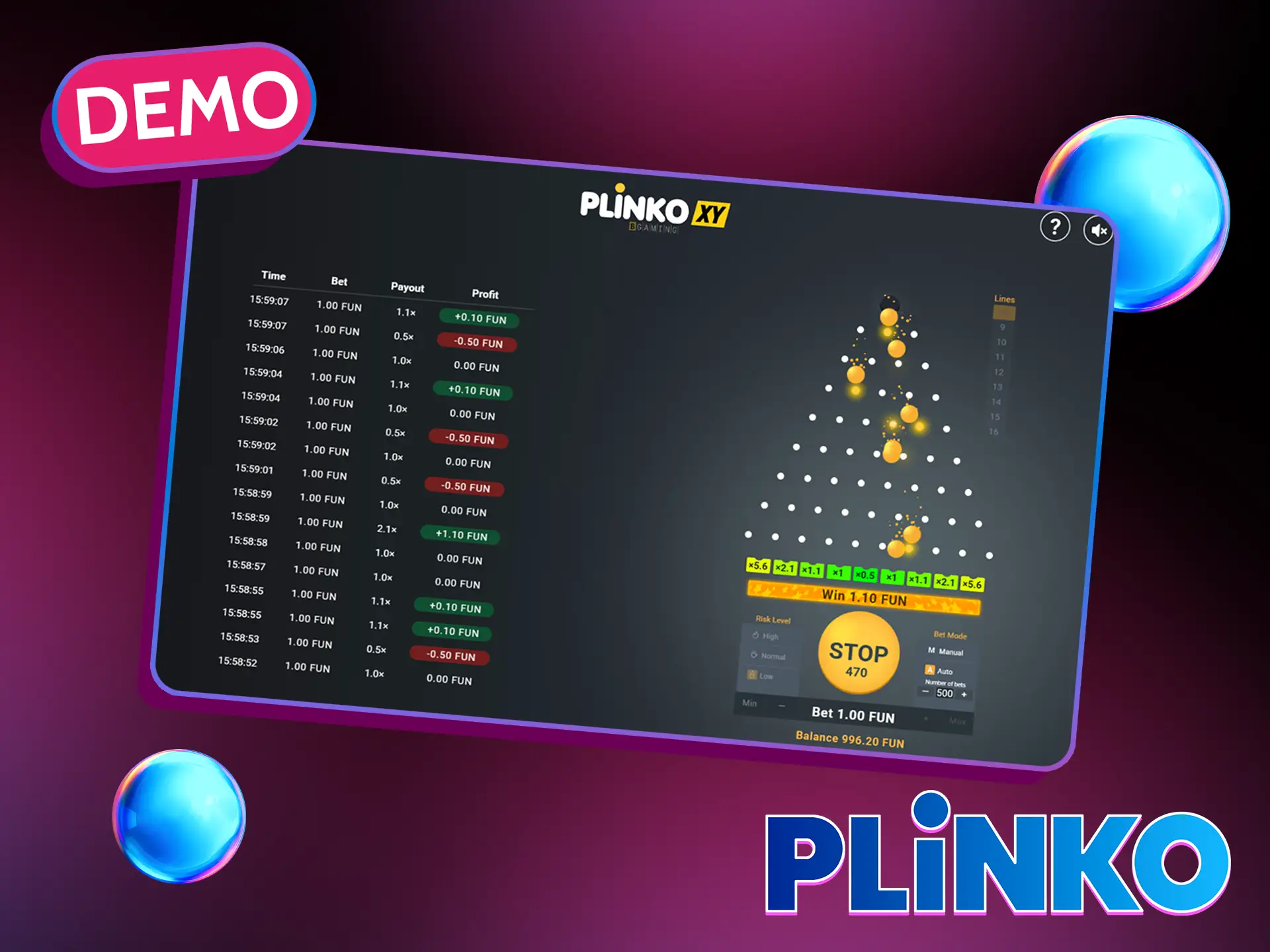 With Plinko XY demo version help, you can try to play the game even without registration.