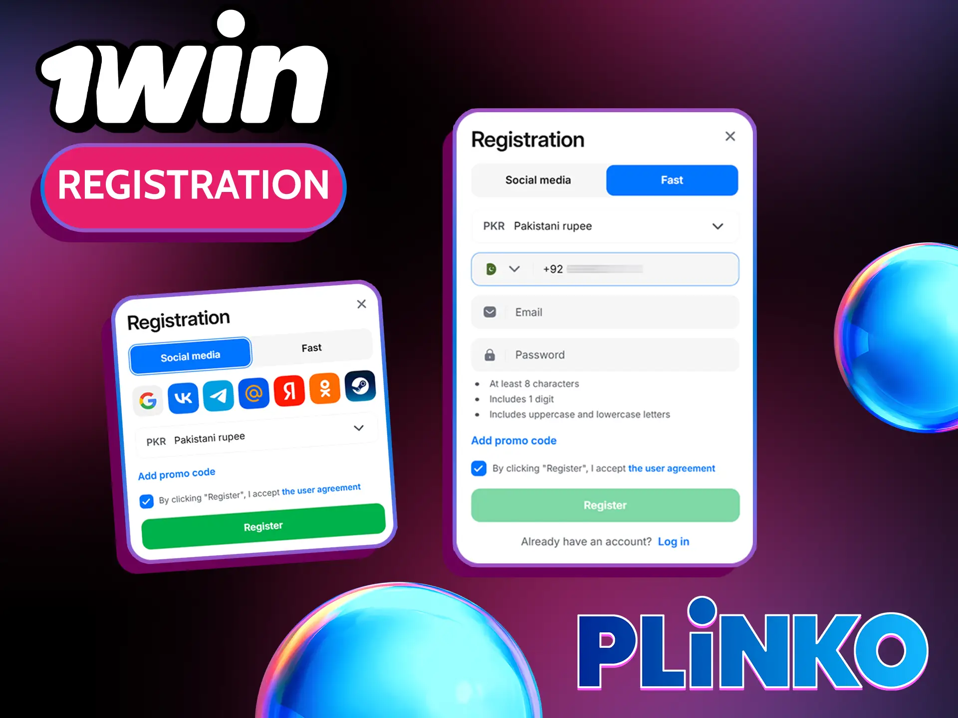 1Win Casino Plinko account registration is simple.