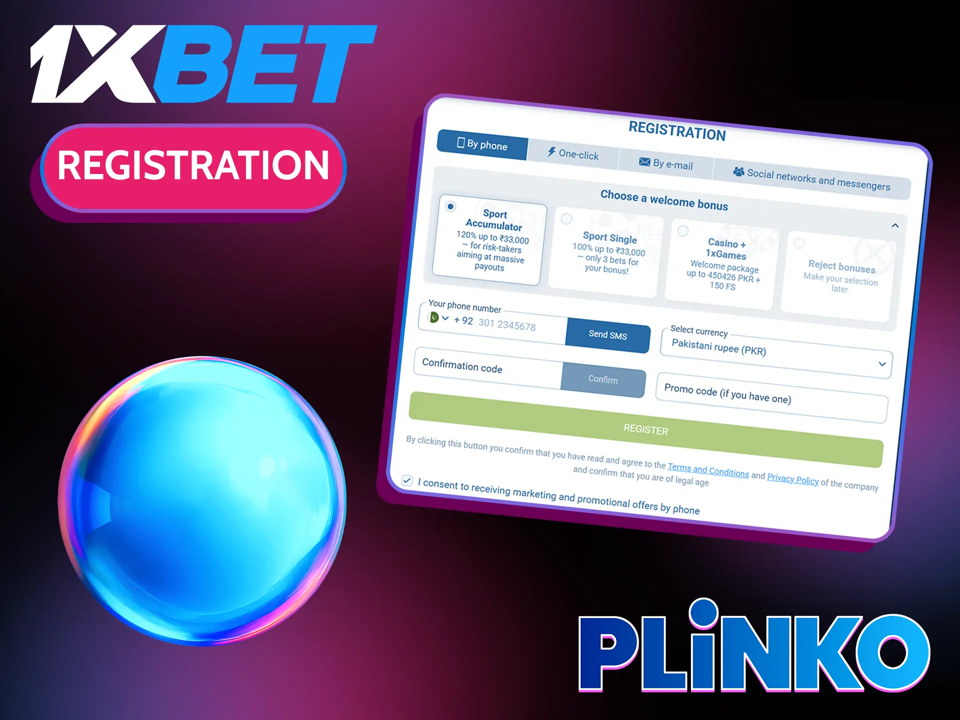 1xBet offers you 4 ways to create an account to play Plinko in Pakistan.