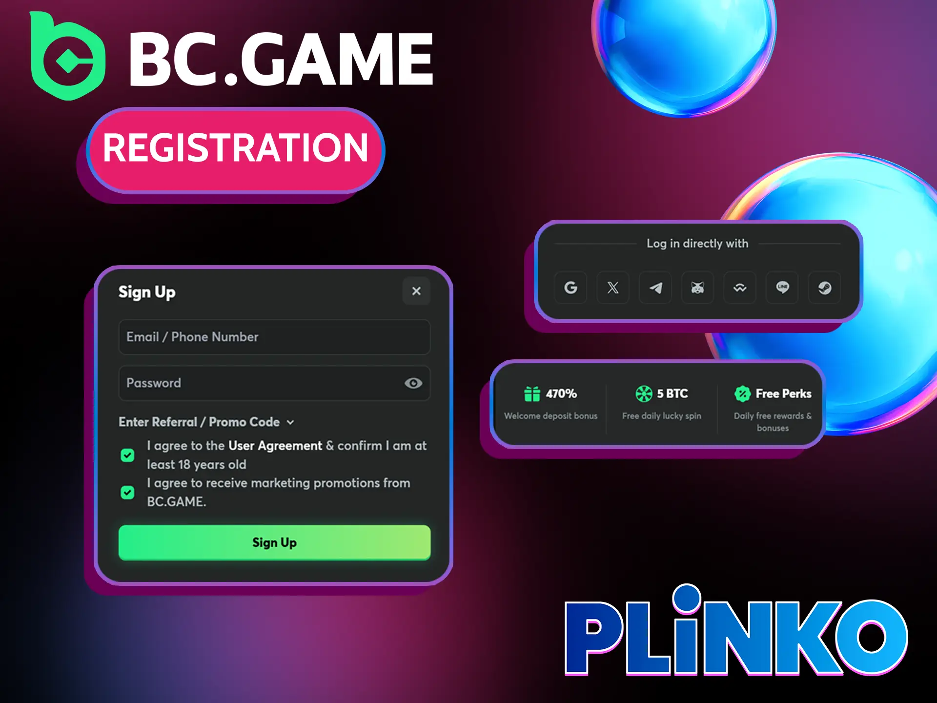 Complete Plinko game registration on the BC Game.
