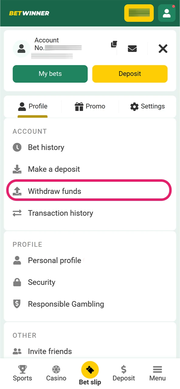 Select the Withdraw option to cash out your Plinko game winnings.