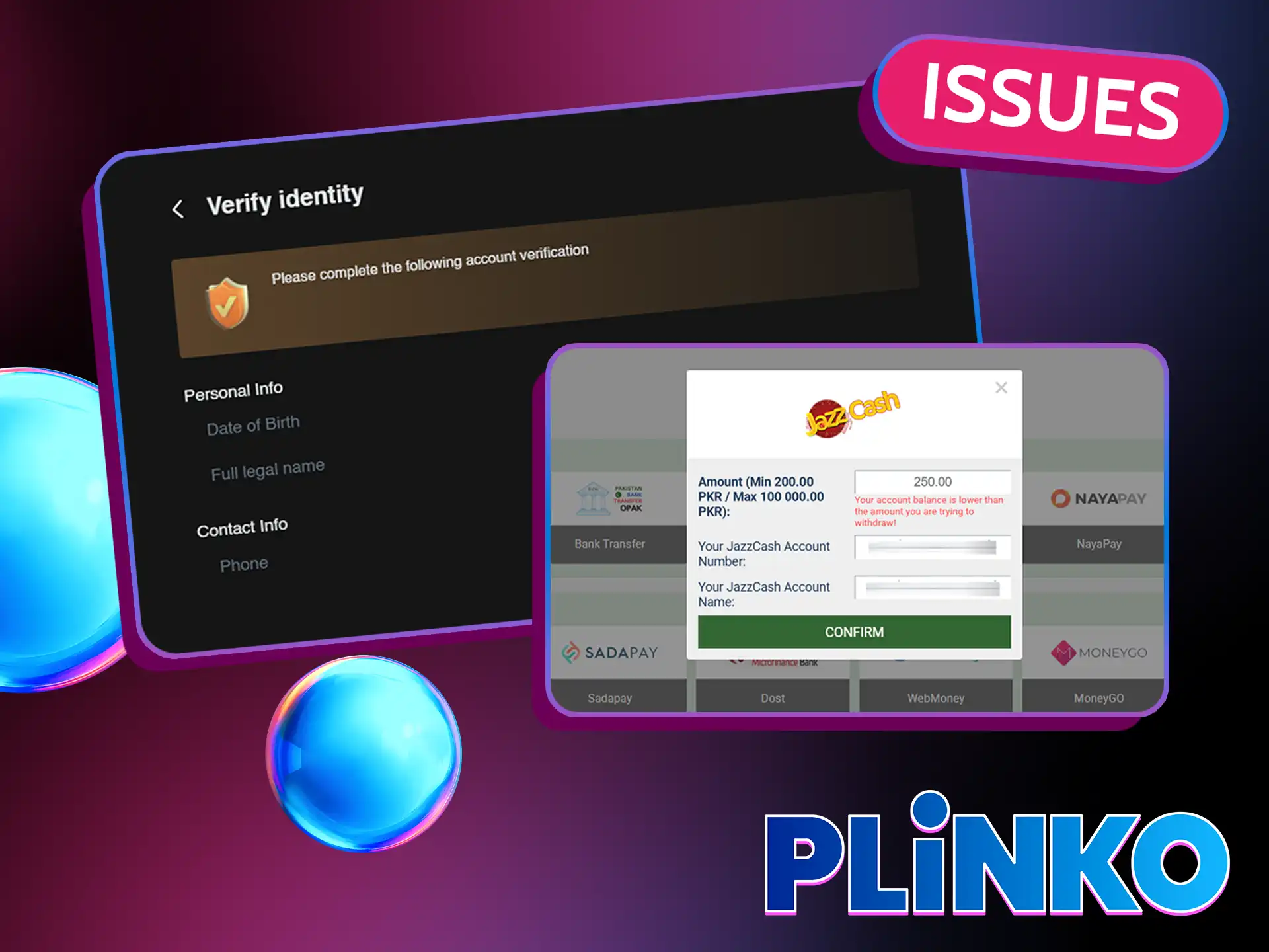 Possible problems when Plinko withdrawing funds.