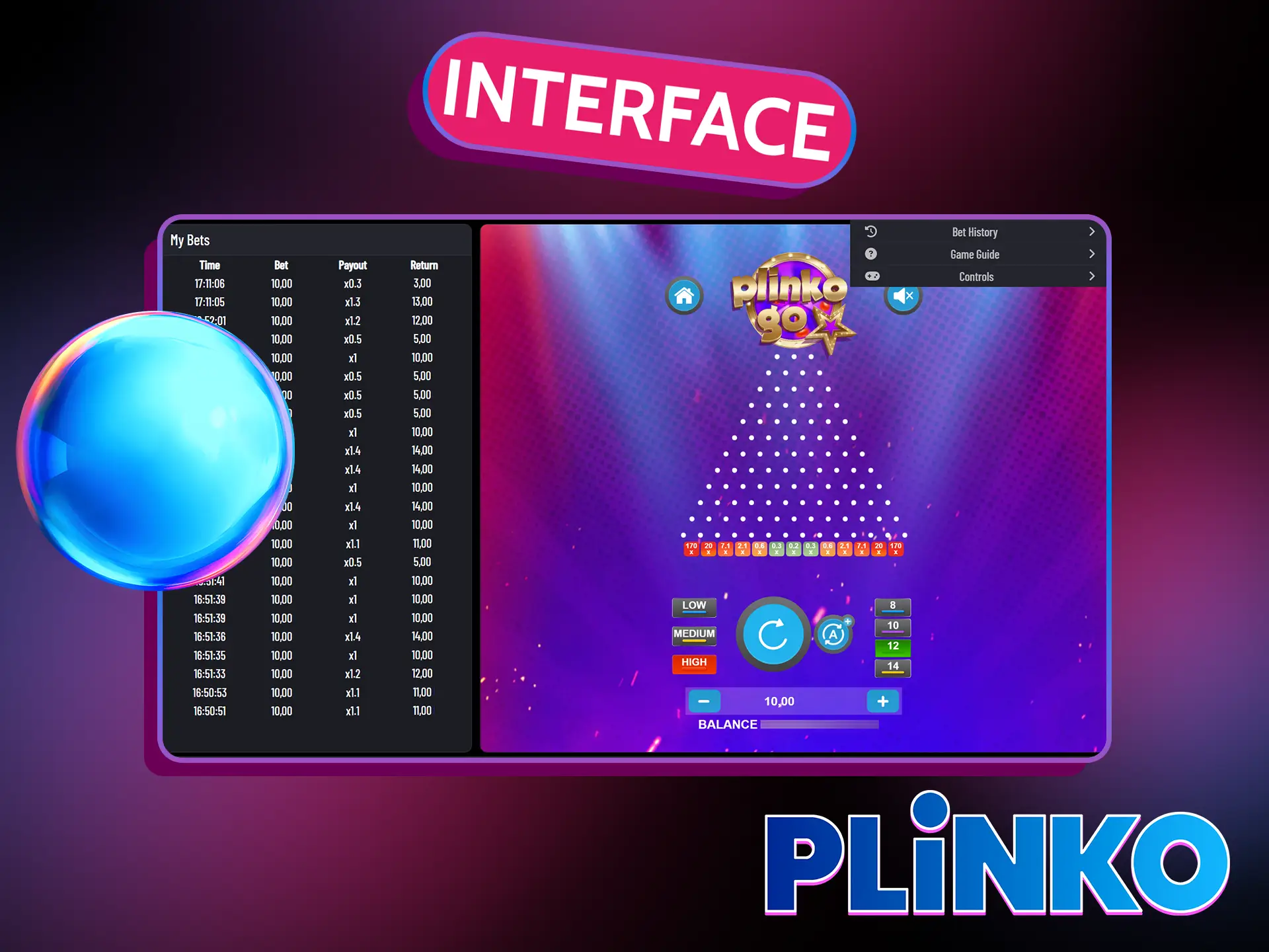 The Plinko Go game interface is simple and contains a standard set of elements.