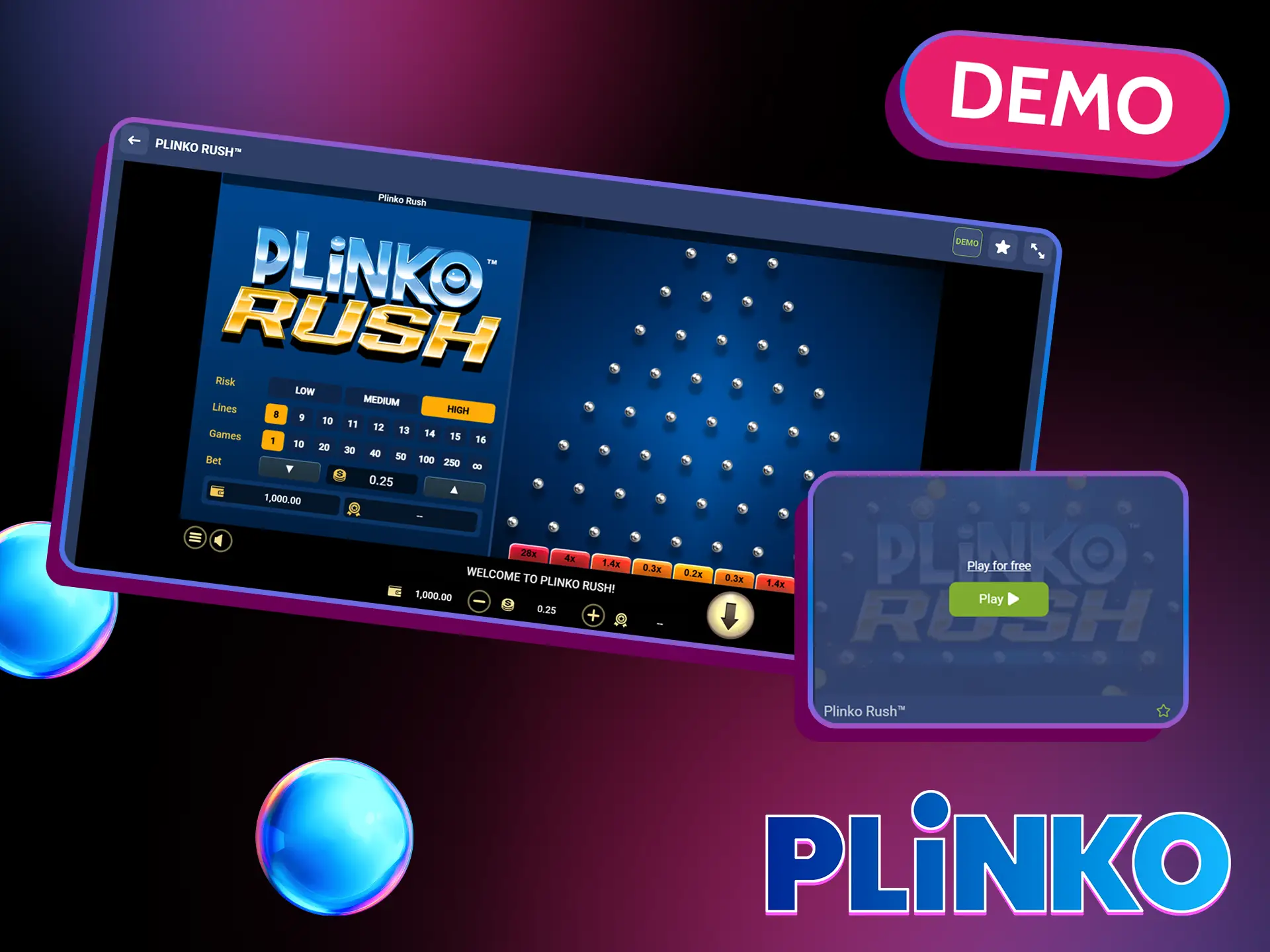 Try Plinko Rush in demo mode, which allows you to explore all the game's features for free.