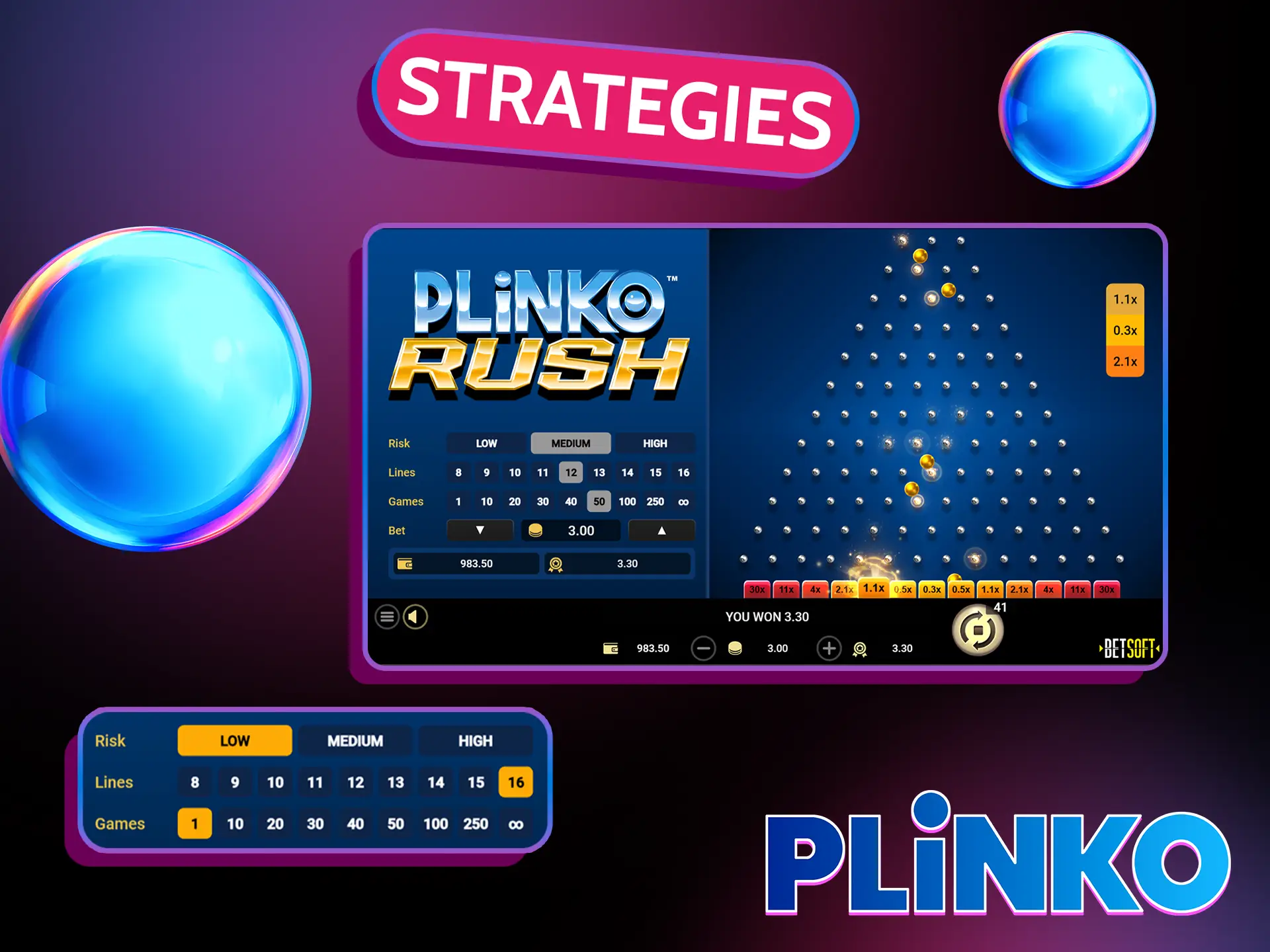You can use different strategies to win more in Plinko Rush.